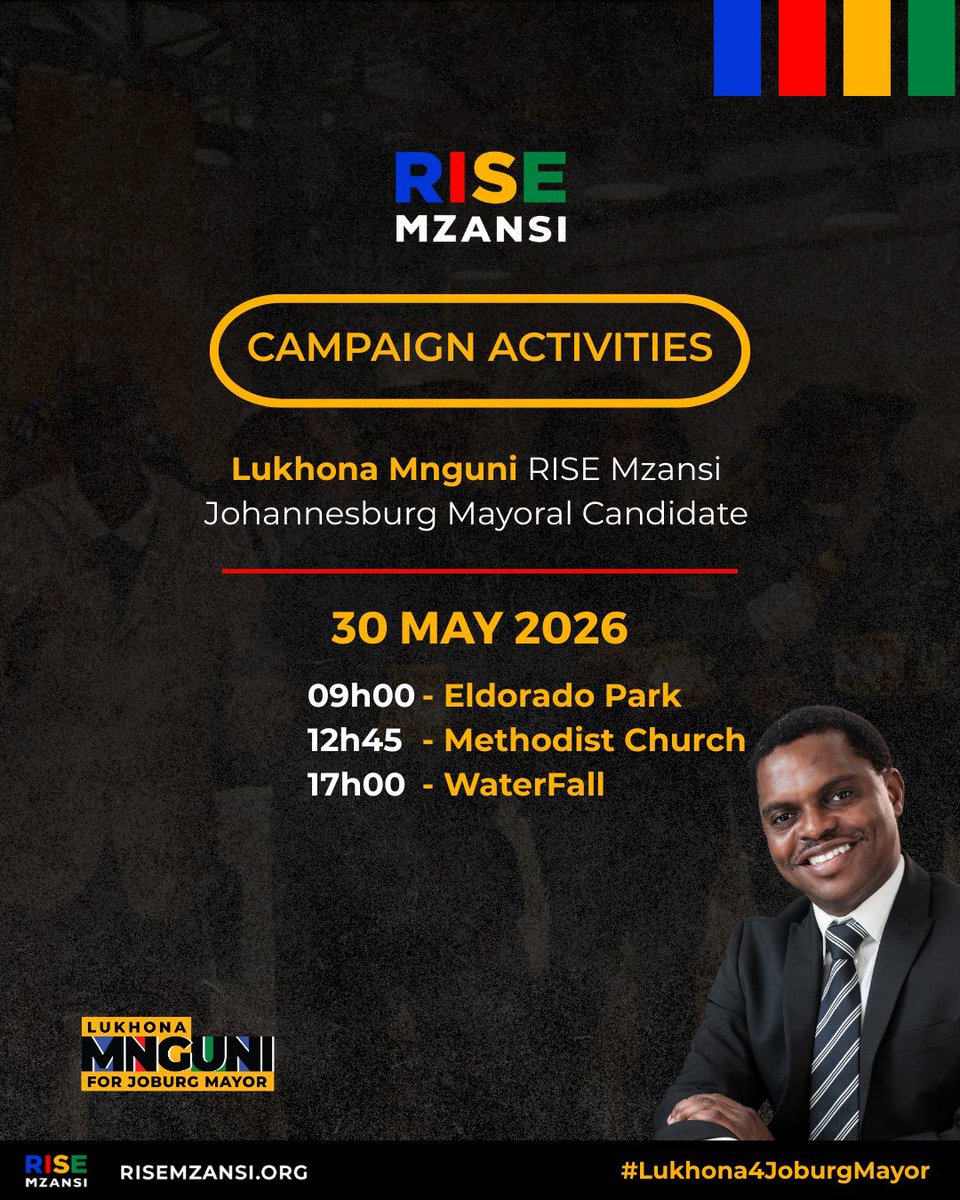 Rise_Mzansi's tweet photo. The mission to install a capable leader in Johannesburg continues today.

Lukhona Mnguni, RISE Mzansi Johannesburg mayoral candidate, is hitting the ground.

Join us on the ground.

#VOTEAMASELAOUT #Lukhona4JoburgMayor #LGE2026 #WorldHungerDay #RiseMzansi https://t.co/TCiz5CrP2W