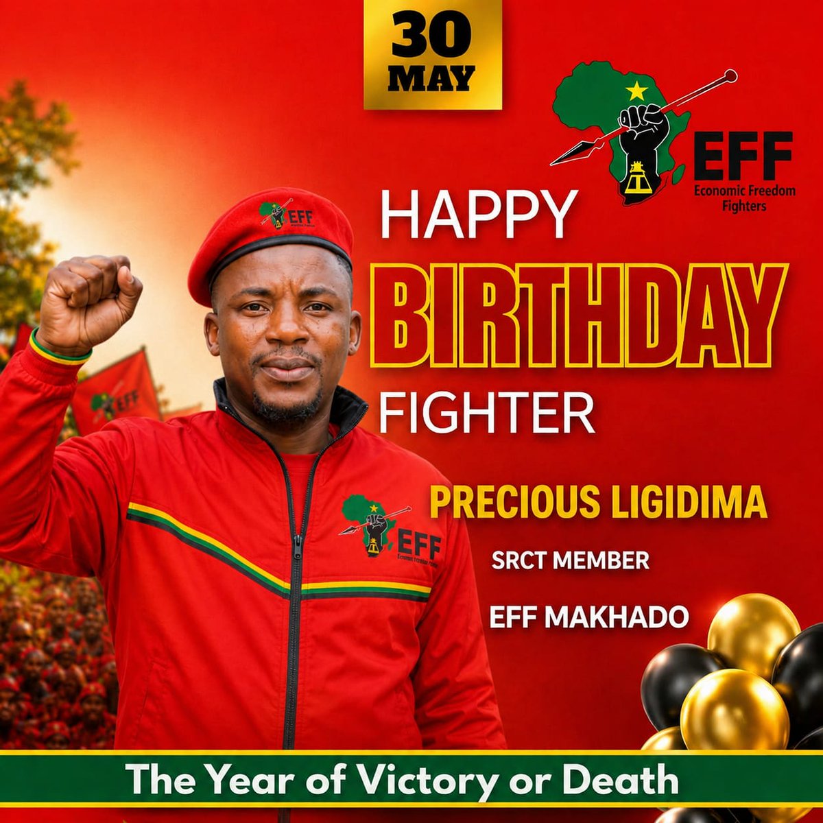 EffMakhado's tweet photo. ♦️Birthday Alert♦️

The EFF In Makhado Sub Region wishes their SRCT Member, fighter Precious Ligidima a Revolutionary  birthday

#TheYearOfVictoryOrDeath
#VoteEFF2026 https://t.co/cIMT3Ze6Bu