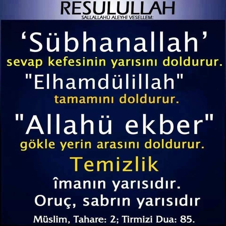 ozkandastan's tweet photo. Peygamber Efendimiz 
Resulullah  ﷺ şöyle Buyurdu;

Sübhanallah demek mizanın sevap kefesinin yarısını doldurur. 
Elhamdülillah demek ise tamamını doldurur. 
Tekbir getirmek gökle yer arasını doldurur.) 

[Tirmizi] https://t.co/uSdcZ6VqHi