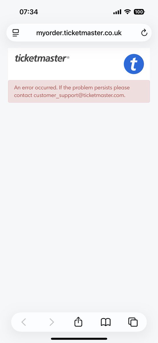 MrsFEntwistle's tweet photo. @TicketmasterCS Hi, even though I get the following error message?  It’s still not working. I have contacted tickets for good but not heard back yet. https://t.co/Ayv1WoTs60