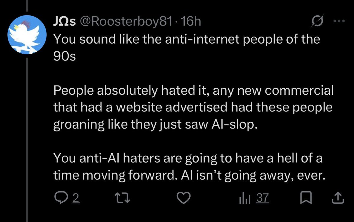 Roosterboy81's tweet photo. @CTESPNAB @justkoolie @DailyLoud I didn’t say I support it blindly either, I’m saying it’s here to stay and it’s going to be very tough on someone who denies that, just like the people in the 1990s who thought and hoped the internet was just a fad (my original point). Same type of hate and denial 😑 https://t.co/v3YKMhsuVb