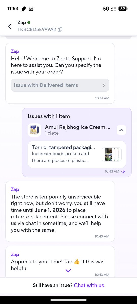 1997Pranit's tweet photo. I immediately contacted Zepto Support and uploaded photos of damaged ice cream multiple times.
Instead of providing a resolution, support team repeatedly responded with "shop is temporarily closed" and closed the ticket without addressing the issue.

Ticket ID: TKBC8D5E999A2 https://t.co/Nddbsu2omj