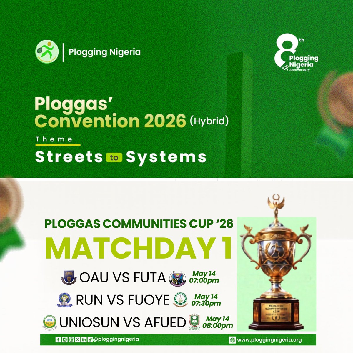 ploggingnigeria's tweet photo. At the end of the Zonal Qualifiers, the top 8 performing communities advanced to the Quarter Finals of the #PloggasCommunitiesCup.
See slide 1 for the Top 8 communities. π
#PloggasConvention2026
#PloggingNigeriaAt8
#StreetsToSystems
#PloggingNigeriaAt8 https://t.co/e2AnlvQQfd