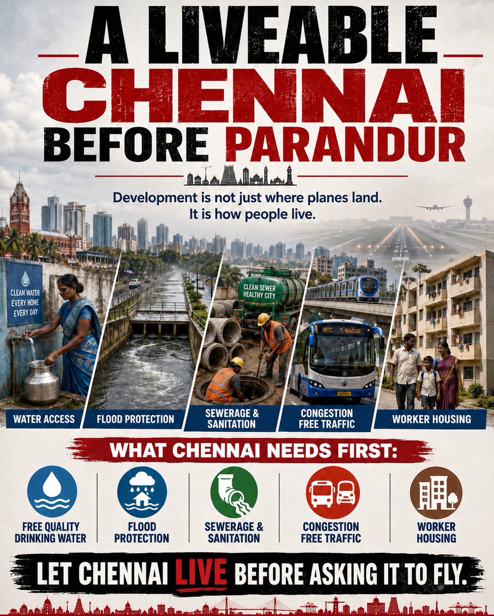 RoarngTiger's tweet photo. Let Chennai Live b4 asking 2 Fly

Development is NOT purely measured by offering connectivity for a few people going to the airport once or twice a year, Chennai needs better daily connectivity for crores of people who travel every day to work, schools and hospitals! 

Chennai region’s GDP is around $102B(31% of TN GDP), Bangalore is $120B(41% of KA GDP) and Hyderabad is around $80B(51% of Telengana GDP)

False narrative claiming that new airport means automatic economic growth! 

A city is not truly developed because it has another airport or runway. A city is developed when people have free quality drinking water, flood-safe homes, functioning drains, congestion free traffic and dignified housing!