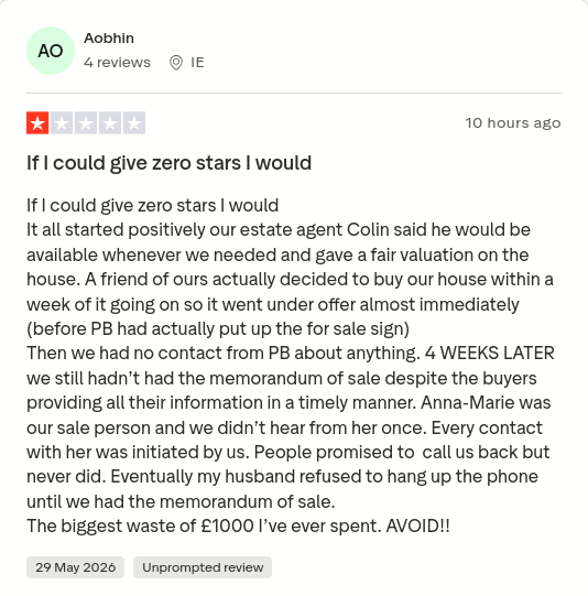 or_rhea's tweet photo. Aobhin gave Purplebricks 1 star via @Trustpilot https://t.co/UBoNmYlRZl #CONmisery #NoBull #ownit https://t.co/ug433zjdIA