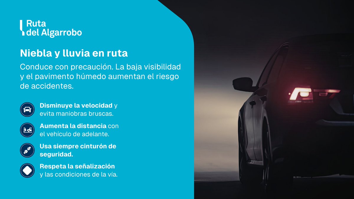 ruta_algarrobo's tweet photo. [PRECAUCIÓN] 🟡 #Ruta5Norte 💨 Se registra niebla entre sectores #LaHiguera - #PuntaColorada, del Km. 530.000 al Km. 560.000. ⚠️ Recuerda disminuir la velocidad y aumentar la distancia entre vehículos. @CarabCoquimbo https://t.co/d066d3yXdv