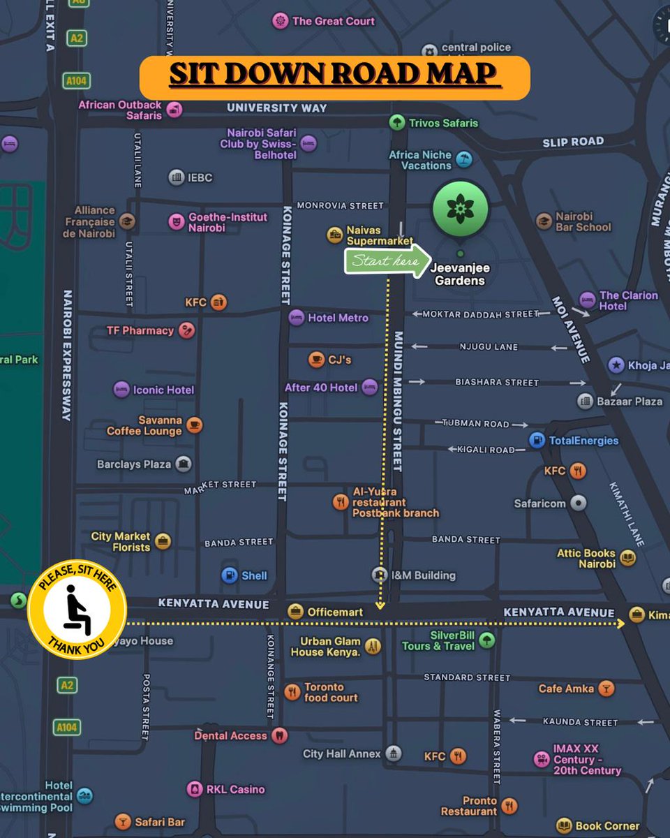 Zamara_fdn's tweet photo. Here’s the roadmap for the National Memorial Sit-Down.
From Jeevanjee to Kenyatta Avenue, we gather peacefully, intentionally, and together.
Come prepared. Carry water. Look out for each other. Listen to marshals.
#EndFemicideKE #WeAreNotSafe #MissingChildren #TotalShutdownKe https://t.co/WlQxpSjyDB