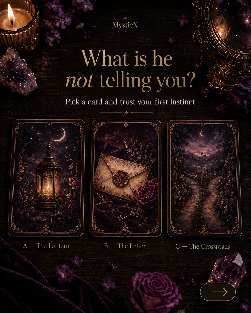 MysticX_AI's tweet photo. What is he not telling you?
Pick the card you feel drawn to
Think of him. Don’t overthink it. Your first choice is the message.
#PickACard #OracleReading #LoveReading #IntuitionTest #EnergyReading #SpiritualTok #LoveMessages #MysticX https://t.co/vrxewfDBNi