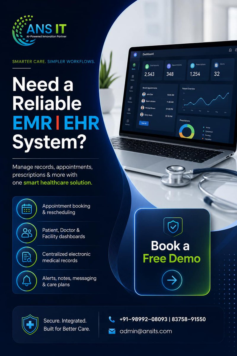 ServicesAns's tweet photo. 🏥 Need a Reliable EMR/EHR System?
Transform the way you manage healthcare with a smarter, more efficient digital solution from ANS IT.
✅ Appointment Booking &amp; Rescheduling
✅ Patient, Doctor &amp; Facility Dashboards
📞 +91-98992-08093 | 83758-91550
📧 admin@ansits.com https://t.co/QSsqrJ4Ld5