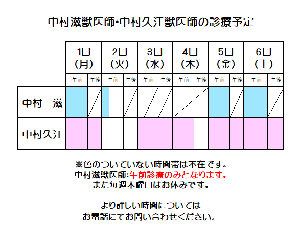 nakavets's tweet photo. 来週の中村滋獣医師、中村久江獣医師の診療予定はこのようになっております。 表の色のついていない時間帯は不在です。急な変更もございますので、当日お電話でのご確認をお勧めいたします。 https://t.co/0Pb8lXkXQA