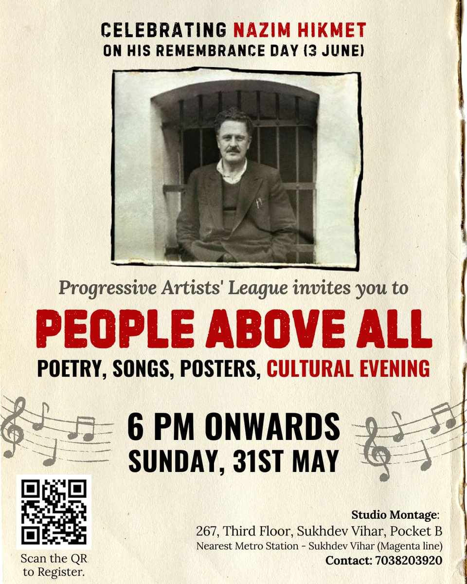 r_a_uuu_f's tweet photo. https://t.co/Np1BTFxuRC
Click here for Registration!
PEOPLE ABOVE ALL--
Remembering Nazim Hikmet!
In solidarity with the justice loving people who live and die for the masses! https://t.co/NgrguP6fBp