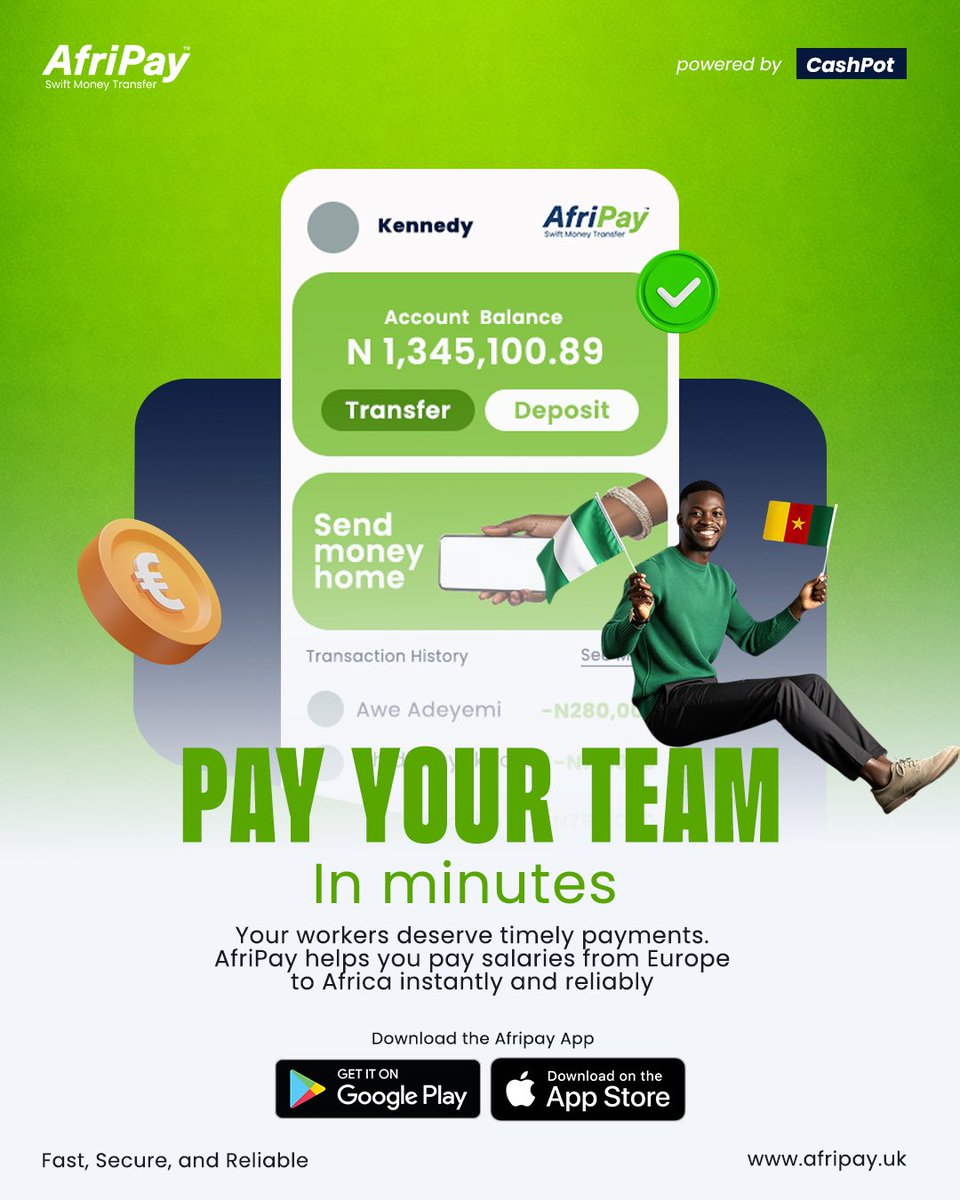 Afripay_Uk's tweet photo. Paying your team in Africa shouldn't be complicated. With AfriPay, you can send salaries fast, secure and without stress.

#afripayeasypay #europetoafrica #swiftmoneytransfer https://t.co/7QD5OLhIVj