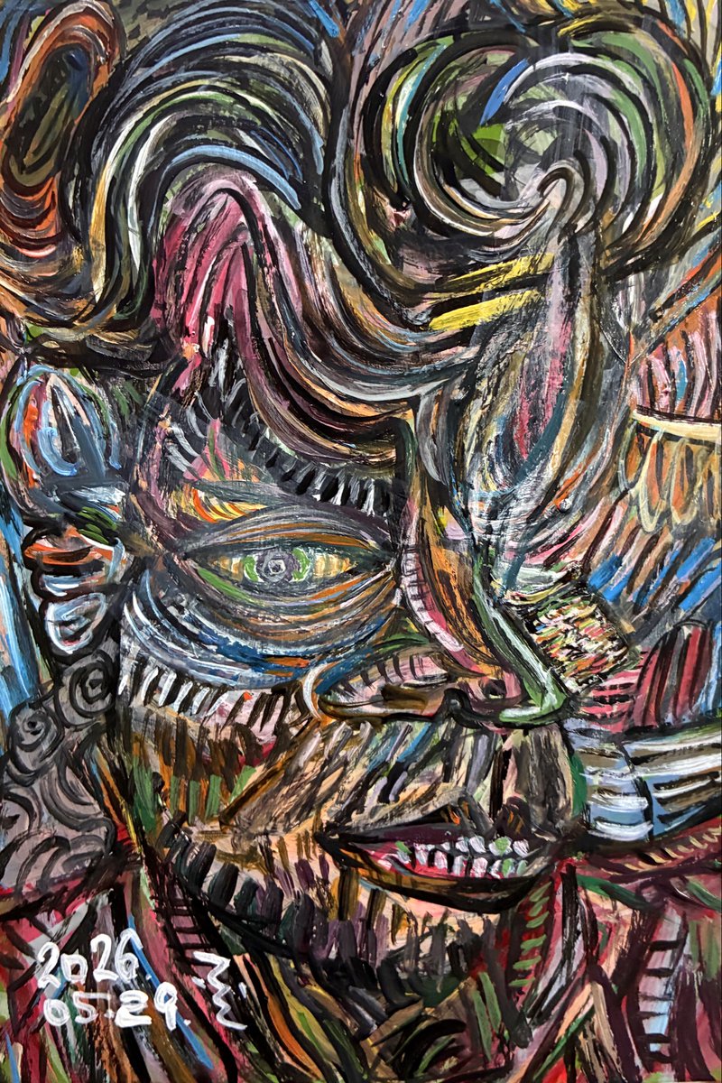 fuhitonowhere's tweet photo. 【イイジマフヒトの新作月水金2026】

2026.05.29.
ヒゲヅラの男(自画像)。
前回描いた絵が鼻あたりに埋め込まれてる！？

水性塗料
カードボード　ハガキサイズ

#イイジマフヒト
#イイジマフヒトの新作月水金2026
#絵の数珠つなぎ
#髭
#自画像 https://t.co/mojxfpKYOC