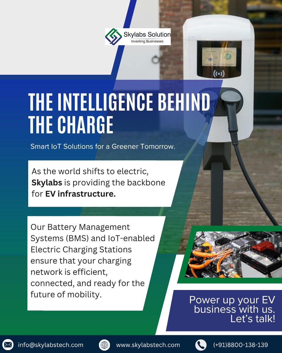 Skylabstech's tweet photo. The future of mobility is electric—and smart infrastructure is what powers it.

✔ Smart Charging Infrastructure
✔ Real-Time Monitoring &amp; Control
✔ Advanced Battery Management
✔ Future-Ready EV Solutions

#EVInfrastructure #SmartCharging #IoT #Skylabs #CleanTech https://t.co/Gm3SVKLcl7