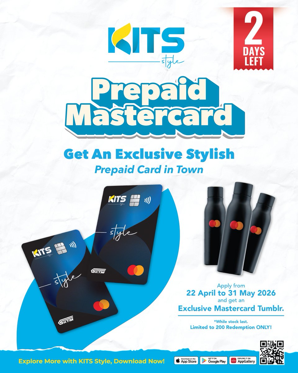 ktm_berhad's tweet photo. 𝑳𝒂𝒔𝒕 𝒅𝒂𝒚 𝒕𝒐𝒎𝒐𝒓𝒓𝒐𝒘. 🚨

Almost too late. Order your card now.

Virtual or physical KITS Style Prepaid Mastercard = free exclusive Tumbler. 
Offer ends 31 May 2026.

Refer to the T&amp;C for more details.

#KITStyle #Mastercard #Tumbler #2DaysLeft https://t.co/GQsSlPcLSF
