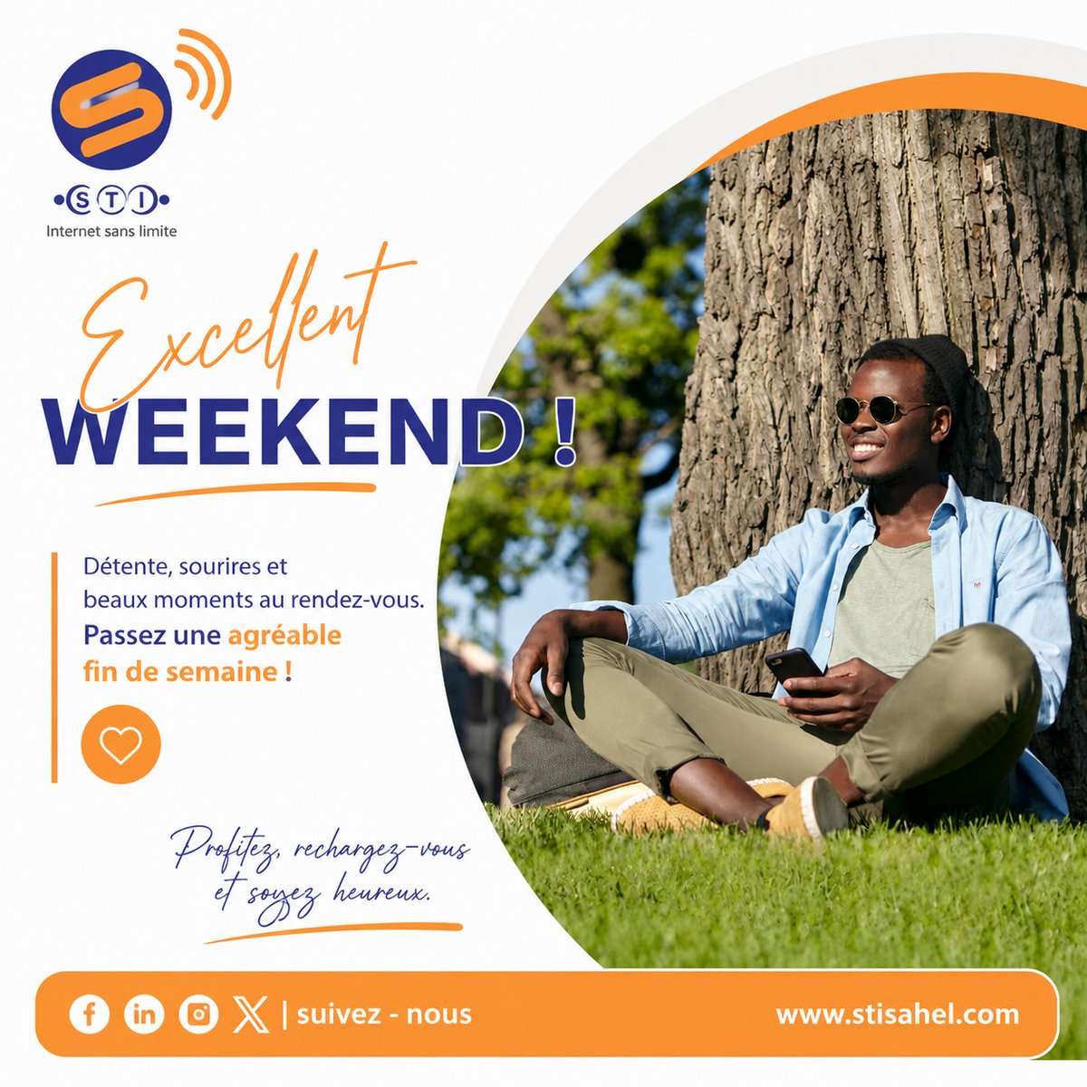 stisahel's tweet photo. 𝐄𝐧𝐟𝐢𝐧 𝐥𝐞 𝐰𝐞𝐞𝐤-𝐞𝐧𝐝 ! 🌴 😎
L’équipe STI SAHEL vous souhaite une excellente fin de semaine. Détente, sourires et bons moments garantis. Profitez ! 🧡

#ExcellentWeekEnd #STISAHEL #Détente #Weekendvibes https://t.co/PQCwvgT5lQ