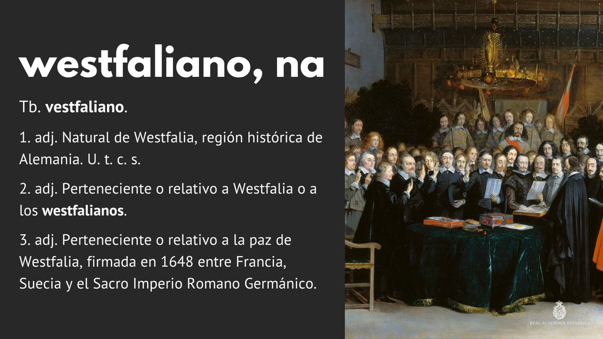 RAEinforma's tweet photo. #PalabraDelDía | westfaliano, na

En la «OLE» se señala que la «w» representa el sonido /b/ en nombres propios de origen visigodo y en préstamos alemanes, así como en topónimos y antropónimos alemanes y sus derivados, como ocurre con «westfaliano»: https://t.co/Sk3RqrZuSP. https://t.co/lupgnjB84u