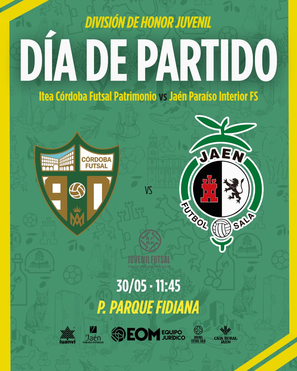 JaenFSbase's tweet photo. 🟡 JUVENIL DIVISIÓN DE HONOR

💛 DÍA DE PARTIDO 💛

▶️ Último partido de liga para el EOM Equipo Jurídico @JaenFS

⚽️ 11:45 🆚 @CordobaFutsal 
🏟️ P. Parque Fidiana

#SomosJaén💛 #FuturoAmarillo https://t.co/OI6koC3ct3