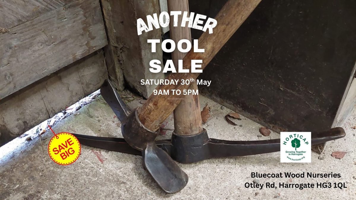Horticap's tweet photo. It's today! Our second Tool Sale is on from 9am to 5pm. Loads of bargains to be had! Please share. https://t.co/tWvueuD8Fj #Harrogate #UKcharity #learningdisabilities #horticulture https://t.co/iSrM3sNaG7