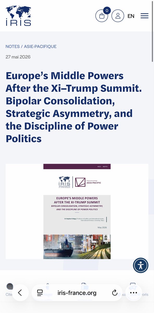nagystephen1's tweet photo. L Lots of writing the past few weeks related to #middlepowers foreign policy in #Canada and #Japan; managing #US - #China strategic competition and the obvious challenges of building a strategic partnership with a authoritarian state.
Thanks to Asia Pacific Foundation of Canada @L’Institut de relations internationales et stratégiques (IRIS) The Japan Times GEOPOLITIKA for the editorial assistance.
1) Europe’s Middle Powers After the Xi–Trump Summit. Bipolar Consolidation, Strategic Asymmetry, and the Discipline of Power Politics (https://t.co/W41OIy0qzf)
2) Strategic Choices for Middle Powers Navigating U.S.-China Competition (case studies from
Canada, Japan and Australia) (https://t.co/g0fnA54QL9)
3) Why Tokyo Must Reject Ottawa’s Risky Diplomatic Reset With Beijing (https://t.co/mGoaVV0Qd3)
4) Lessons for Japan from Canada’s ‘reset’ with China-Ottawa’s Beijing pivot tests Tokyo’s strategic calculus amid growing Indo-Pacific tensions
(https://t.co/HCjLSJ8Cks)
These policy briefs and opinion pieces use Japanese, Mandarin and English language sources to ensure that views are comprehensive and accurate. Have a read, comment and share!