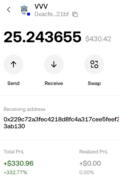 Kitnikit's tweet photo. Just checked my portfolio… VVV still printing
Turned a few months ago entry into +332% and counting 
Here’s the play:
Why VVV is pumping hard:

Privacy-first AI platform built by crypto OG Erik Voorhees (ShapeShift founder)
Real utility: stake VVV to access uncensored AI models + earn yield
Deflationary mechanics + strong token burns as the platform grows
Perfect timing with the exploding demand for private & permissionless AI

I went in several months ago when most people were still sleeping on it. Felt like catching Nvidia early -real product, strong narrative, actual usage.
Now sitting at $25.24 with over +330% unrealized.
This is what happens when you bet on infrastructure instead of hype.
Still holding strong. AI + Privacy narrative is far from over.
Who else is in VVV?