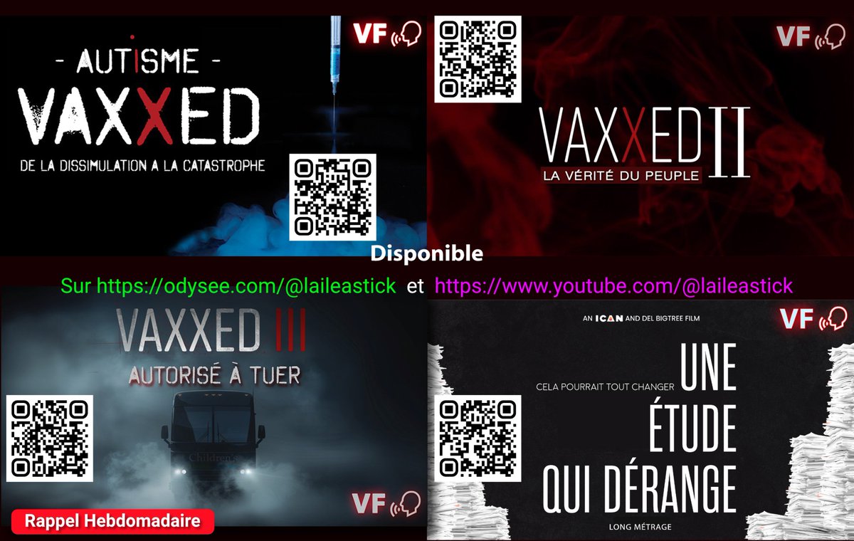 aileastick1's tweet photo. 👇🧐👍 
⚡RAPPEL HEBDOMADAIRE⚡
Pour tous ceux qui ne l’ont pas encore vu.
REGARDEZ - PARTAGEZ - TÉLÉCHARGERZ

VAXXED
Maintenant, vous êtes informés !
Gardez en mémoire que la spécialité de #BigPharma est de dissimuler les risques de ses produits pour maximiser ses profits. 

#VAXXED est une série de documentaires poignants qui compile les témoignages de parents, de scientifiques et de médecins sur les conséquences désastreuses liées aux vaccinations, entre autres, l'apparition de l'autisme après vaccination chez beaucoup d'enfants dans le premier épisode et les effets dévastateurs des vaccins anti-covid dans le troisième.
Ces documentaires couvrent la période de 2016 à 2024

Tous sont disponibles, doublés en français par moi même.

Vaxxed I – De la Dissimulation à la Catastrophe
Youtube : https://t.co/Avz0QVOYIK
Odysee : https://t.co/9noaGv1tvk
Sur (X) : https://t.co/Y6OU4Vm7o4

Vaxxed II– La Vérité du Peuple
Odysee : https://t.co/1ePo2xQf3Q
Sur (X) : https://t.co/5wNJFXr530
Youtube : https://t.co/U360SzwlDS

Vaxxed III - Autorisé à Tuer
Odysee : https://t.co/sm6WDTeG7a
Sur (X) : https://t.co/CJXqfr9iUf
Youtube : https://t.co/MeKlzujUsI

Une Étude qui Dérange
Youtube : https://t.co/qgkGd3EqJ7
Odysee ; https://t.co/8uyXonpoC9 
Sur (X) : https://t.co/lvM1JX5lgQ

Petite info : Odysee offre la possibilité de télécharger les médias.
Pour cela, cliquez sur les 3 petits points en bas à droite de la vidéo puis télécharger.
Il ne vous reste plus qu'à mettre la vidéo sur une clé USB et regardez sur une télé multimédia muni d'une prise USB.

Soutenez mon travail par un don.
Chaque contribution, même symbolique, est la bienvenue.
Merci à ceux qui soutiennent 🙏
https://t.co/CqqobP1rDa

Nota : choisissez l'option "pour vos proches" pour éviter les frais sur Paypal.

#Covid #Autisme #Asperger #TDAH #HPV #France #Charcot #AVC #TPMP