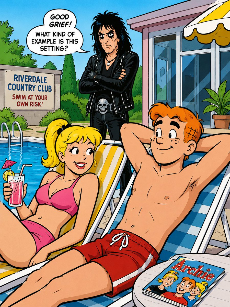 BadgerMobile2's tweet photo. @alicecooper disapproves of Betty and Archie lounging by the pool https://t.co/NRSoAO676j