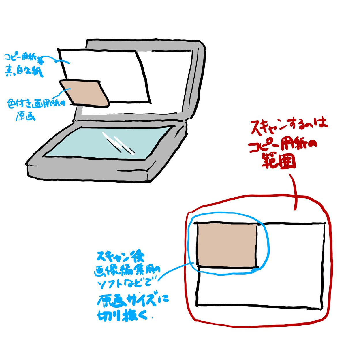 KSketchnote's tweet photo. ホワイトバランスや背景補正といった自動補正機能が、作者さんの意図に合わない形で効いていそうです。

例えば、A4のコピー用紙など、原画より大きい真っ白な紙を背景にして、スキャンするエリアを背景の紙に合わせると、画用紙の色を拾えるかもしれません。

https://t.co/mWo0VLJ3QL https://t.co/7hxC1Ldbgh