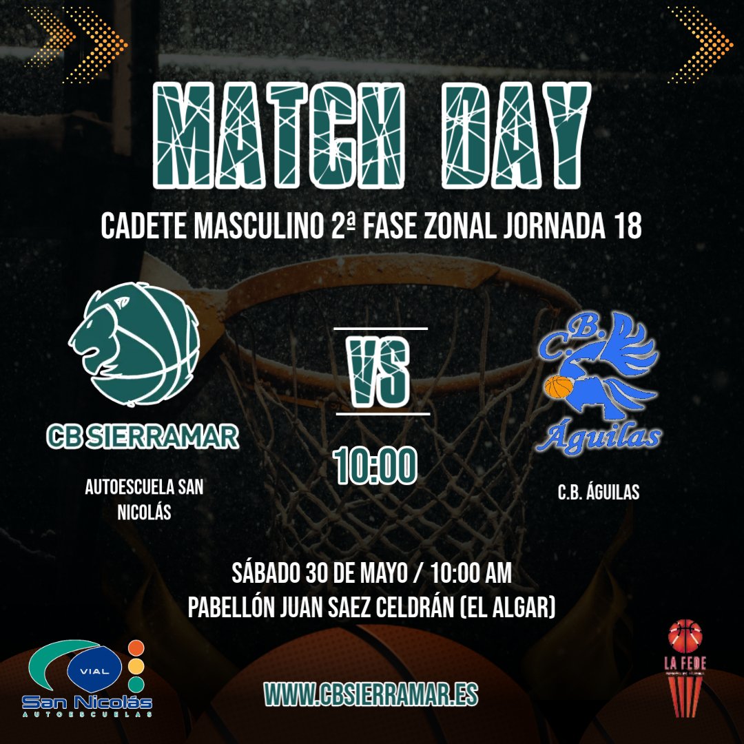 sierramarcb's tweet photo. 📣 #gameday Hoy partido de 🏀 de nuestros 🦁 Cadetes #vamossierramar ☄️💪💚

🏆Cadete Masculino 2da Fase Zonal
🗓 30 de Mayo Jornada 18
⏰️ 10:00 PM
🦁@autoescuelassannicolas 🆚 @cb.aguilas
🏟 Pabellón Juan Saez Celdran
📍El Algar

#SomosSierraMar #lafede #baloncesto https://t.co/LTUQKhinnJ