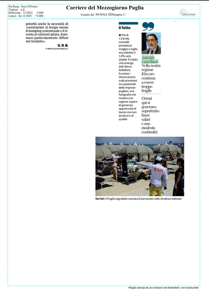 CislPuglia's tweet photo. #30maggio
#rassegnastampa
Il Segretario generale #CislPuglia Antonio Castellucci su dati occupazione in #Puglia Excelsior-Unioncamere
su Corriere del Mezzogiorno Quotidiano di Puglia Quotidiano di Bari
➡️https://t.co/1cpHKu0LxM
➡️https://t.co/qUYQsgCoOF
➡️ https://t.co/osEm5bBqzo https://t.co/IMMnOx2G3y