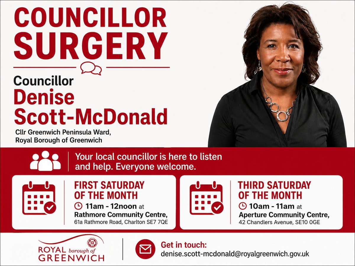 dscottmcdonald's tweet photo. Just letting local residents know that the Greenwich Peninsula ward surgeries will restart in June at the Rathmore Community Centre and the Aperture Community Centre. Please feel free to contact me if you can't make the different times or days. https://t.co/88ZvM8FJfI