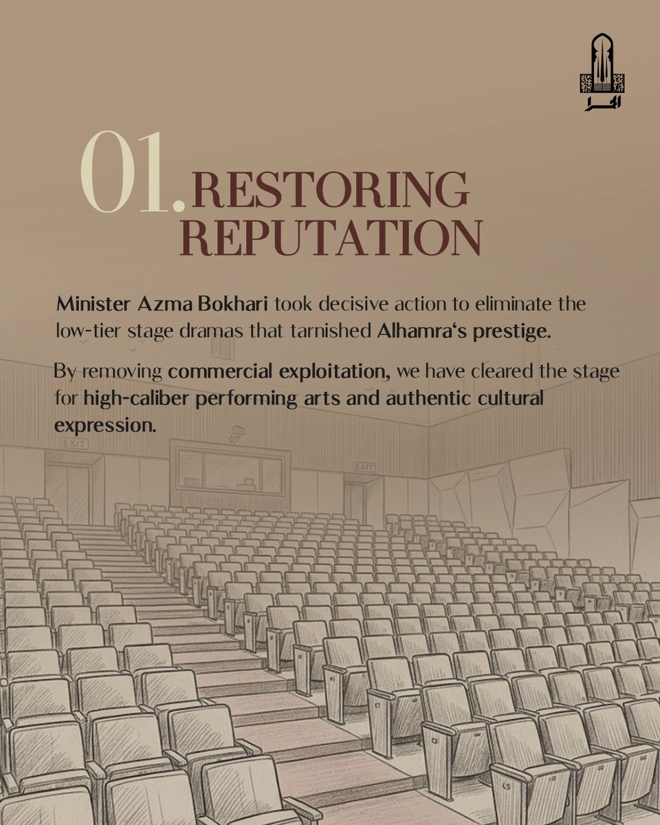 AlhamraLAC's tweet photo. Under the leadership of Minister for Information & Culture, Punjab, Azma Bokhari, the Alhamra Arts Council is undergoing a strategic three step transformation to restore its historic prestige and global mandate.
The department has stripped away commercial exploitation and low-tier stage dramas to clear the way for authentic cultural expression.
Alhamra is being rebuilt from the ground up as a premium, inclusive ecosystem designed for every artist، every performer, and every audience. 
The revival of our cultural legacy is officially underway.
