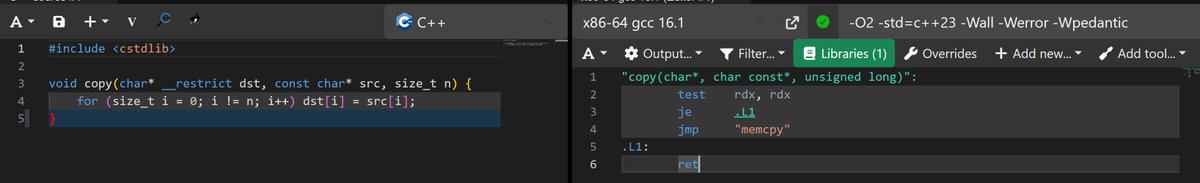 ChShersh's tweet photo. The C++ compiler looked at my code and said,

"Nah, bro, I ain't doing that ass loop, I'll just call memcpy" https://t.co/wSLFg6bK9M