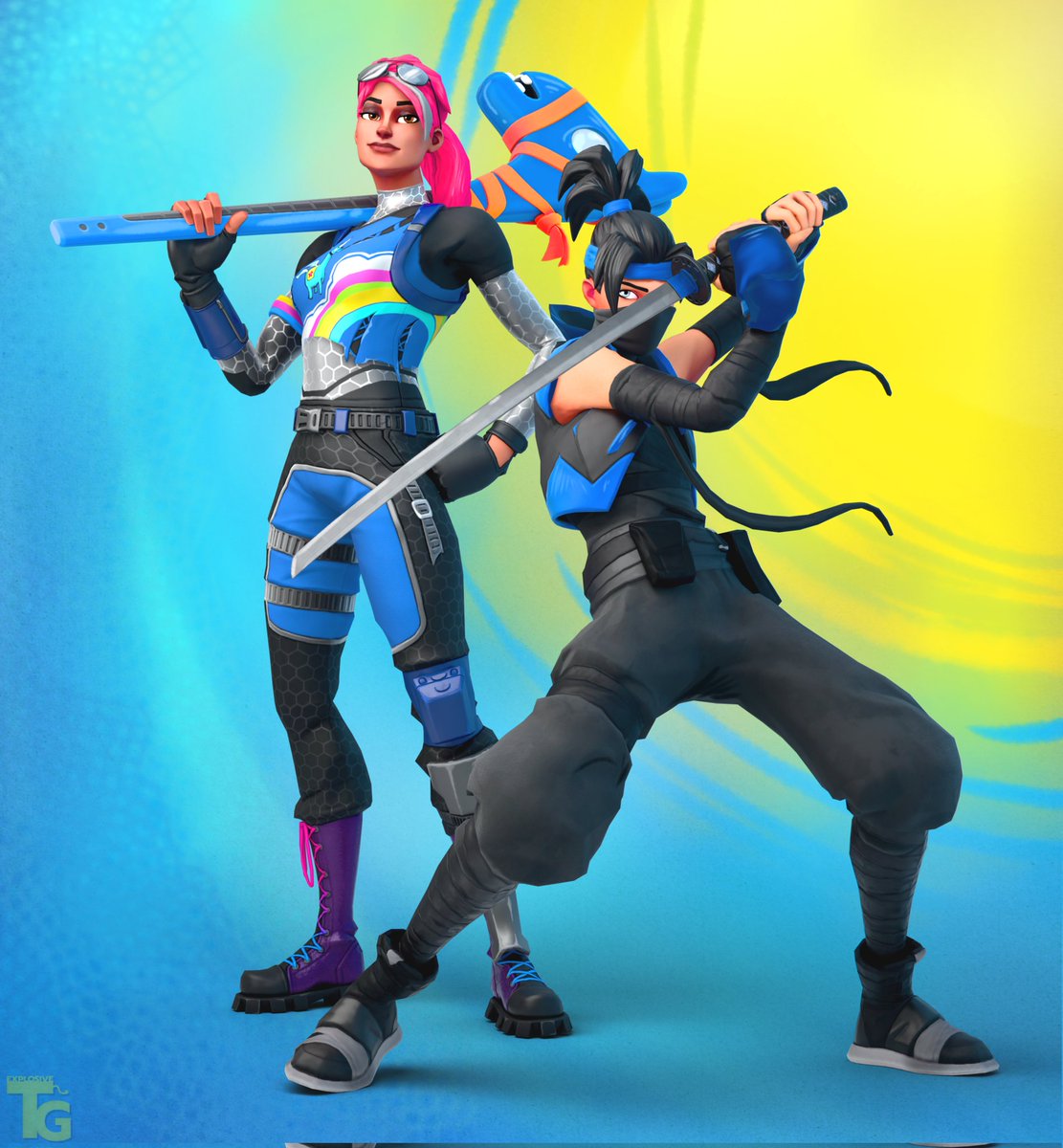 ExplosiveTG's tweet photo. Made something with Indigo Kuno and Brilliant Bomber to celebrate #FortniteCommunityDay
#Fortnite #FortniteArt https://t.co/YpmpWQOIXI