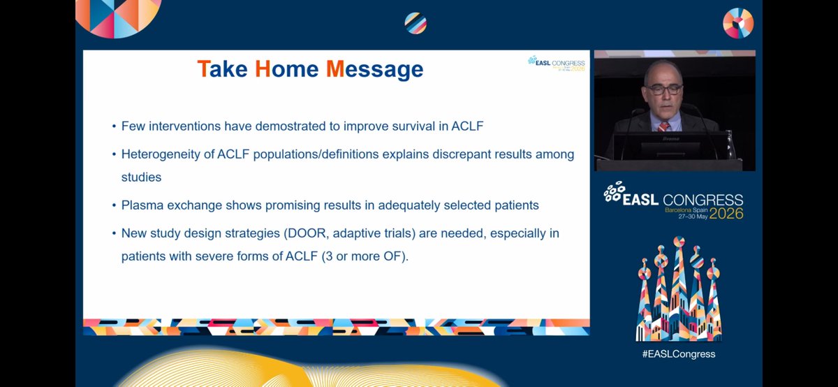 BavenoCoop's tweet photo. 🧫 Ongoing Phase III RCTs in ACLF
🗣️ J. Fernández | #EASLCongress
🔬 Key results:
- G-CSF → conflicting (✅ India vs ❌ Europe)
- DIALIVE, ELAD &amp; plasma exchange → more data needed
💡 New trial designs (DOOR, adaptive) needed — esp. severe ACLF (≥3 OF) https://t.co/hEMNz4yGtg