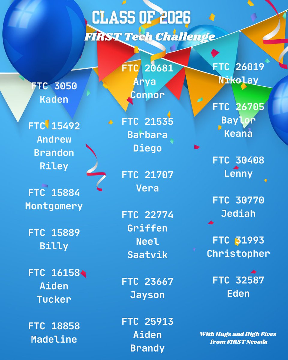 firstnevada's tweet photo. 🎓🥳 Congratulations to the Class of 2026 Graduates for FIRST Tech Challenge and FIRST Robotics Competition! 🎉🎉 https://t.co/VtSvN3XcfM