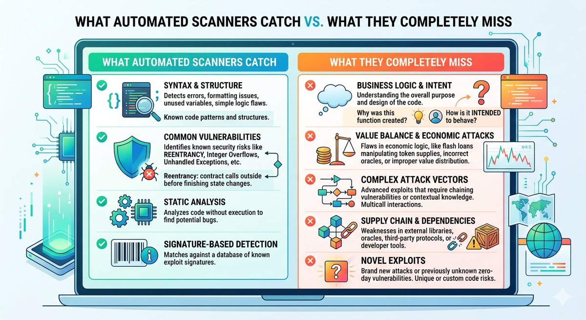 softdynamism's tweet photo. Why AI Scanners Miss Business Logic Errors

If your dev team relies only on AI scanners to audit code, yesterday’s exploits should terrify you.

Automated tools catch syntax + reentrancy. But they can’t understand human intent. https://t.co/Jd3vxTtuv4