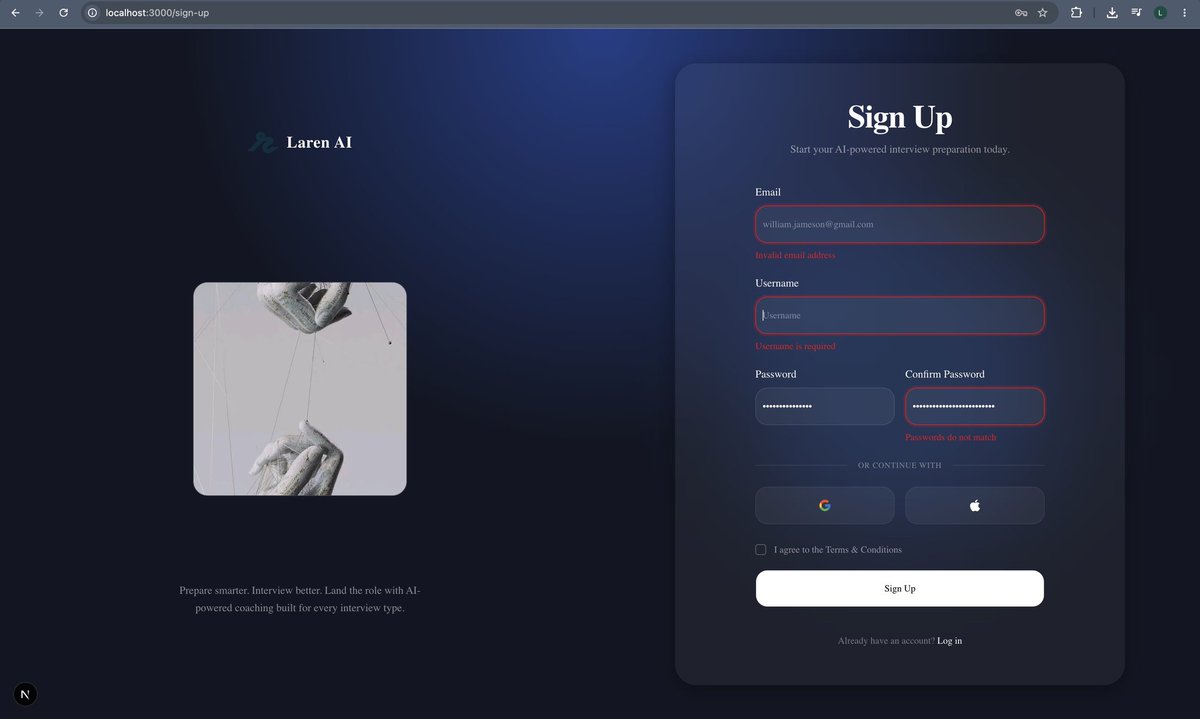 LarenAfeez's tweet photo. LarenAI Day 4 ✅

Built out the full auth UI + functionality today.

Created the auth pages, layout and module. Then put together the register and login forms. Also got the app logo in place.

Opened the PR, reviewed it and merged.

stick with me on this journey, Let's go!! https://t.co/aanhWCyBRg