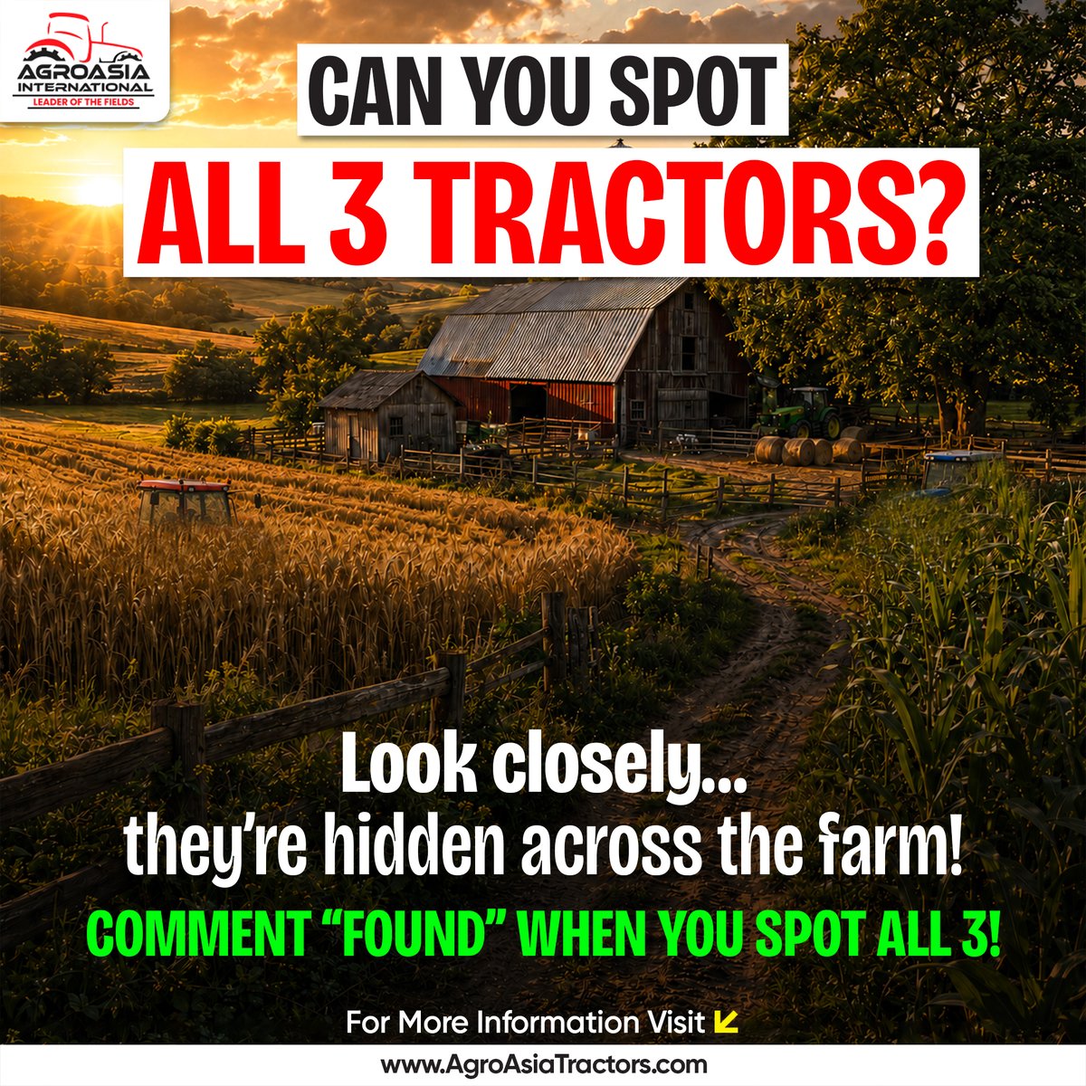 AgroAsiaTractor's tweet photo. Can You Spot All 3 Tractors?

They’re hidden across the farm, but only the sharpest eyes will find them all! 

📞 Looking for reliable tractors and farm machinery?
🌐 https://t.co/lvem6qoKa5

#AgroAsiaInternational #AgroAsiaTractors #TractorChallenge #SpotTheTractor #FarmLife https://t.co/a84IFsIObu