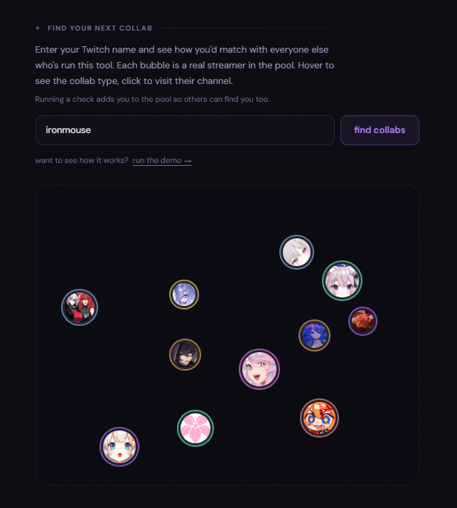 CadeCorvus's tweet photo. update on the vtuber / streamer collab thing! 

ty for the support! i took a lot of the feedback to heart

some people pointed out that a “compatibility score” could accidentally become toxic and make people feel discouraged from collabing and honestly that was never the goal

so i changed it

instead of rating whether two creators “should collab” it’s becoming more of a personality test for how your collab would probably go based on twitch vod and chat patterns

stuff like

“The Besties”
“The Chaos Collab”
“The Slow Burn”
“Opposites Attract”

now you can check your personality duo you'd have with your oshi and friends!

also thinking about adding a feature where creators can opt into a pool and find new potential collabs based on personality match, what do yall think? 👀
