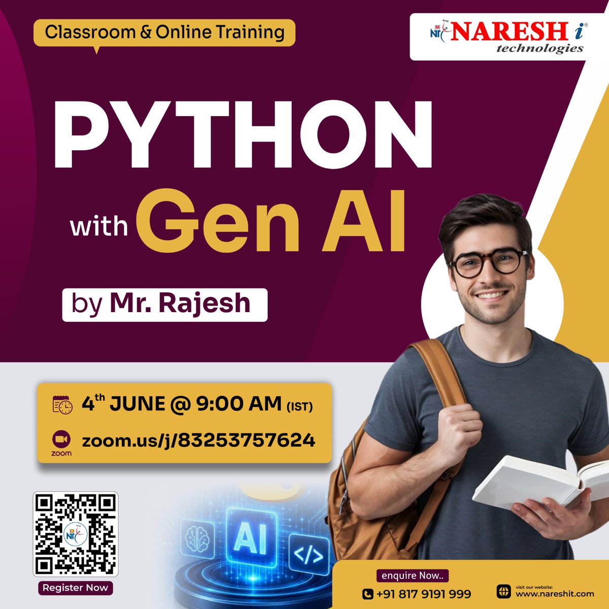 nareshitech's tweet photo. 🚀 Learn Python with the Power of Generative AI!

👉 Register Now: https://t.co/AMTyT9aVZV

👨‍🏫 Trainer: Mr. Rajesh
📅 Date: 4th June 2026
⏰ Time: 9:00 AM (IST)

#Python #GenerativeAI #GenAI #PythonDeveloper #ArtificialIntelligence #MachineLearning https://t.co/A6ASaxHL5V