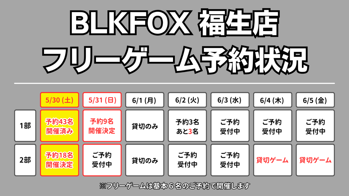 BLKFOX_Airsoft's tweet photo. 5/30 1部フリーゲームお越し頂き誠にありがとうございました！

本日のお写真はこちら↓
https://t.co/CyvpzHwD4p

このあと2部はハンドガン限定フリーゲーム開催となります
飛び入り参加、
ハシゴサバゲー(1500円off), 遅割（1000円off）

4枚目の写真は
明日以降の現在のフリーゲームの予約状況です。
開催が決定している日もありますが、あと少しで開催決定の日がありますので、ご予定合う方はぜひご参加ください。
※フリーゲームは基本6名で開催となります。
※予約状況は随時変動します。

▼フリーゲームのご予約はこちら
https://t.co/p1pzUZZakA

#BLKFOX福生店
#東京都　#福生市
#サバゲー　#サバイバルゲーム
#サバゲーマーさんと繋がりたい
#BLKFOX　#AIRSOFT
#STCサバゲーラリー
#サバラリ
#西東京サバゲー