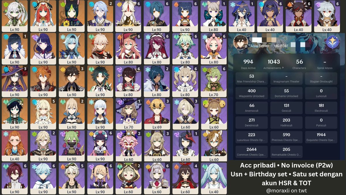 moraxli's tweet photo. WTS akun HSR &amp; Genshin &amp; TOT (TOT artem focus, game masih di update jadi detail di komen nanti)
- Acc pribadi
- No invoice (all p2w)
- Usn &amp; birthday set
💸 2,4 (nego ok asal waras)

Kalau take sama merch bulk (aab danheng + kamisato siblings) semuanya kena 3,8 https://t.co/6ELBgrRaHX