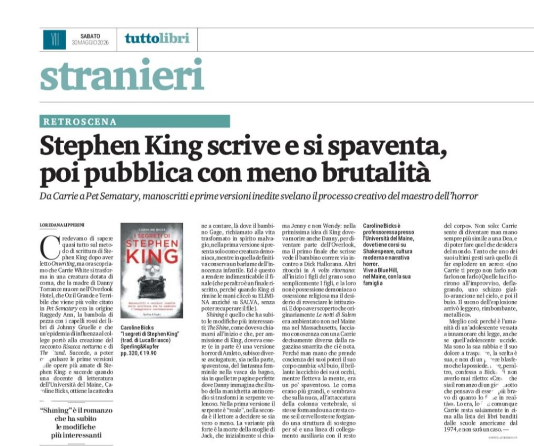 LaLipperini's tweet photo. Oggi su Tuttolibri de @LaStampa  scrivo di "I segreti di Stephen King" di Caroline Bicks. Per i curiosi e gli appassionati di varianti, e per tutti coloro che vogliono sapere come finiva originariamente Shining e che aspetto aveva, nella prima versione, Carrie White. https://t.co/i9RcOFn6po