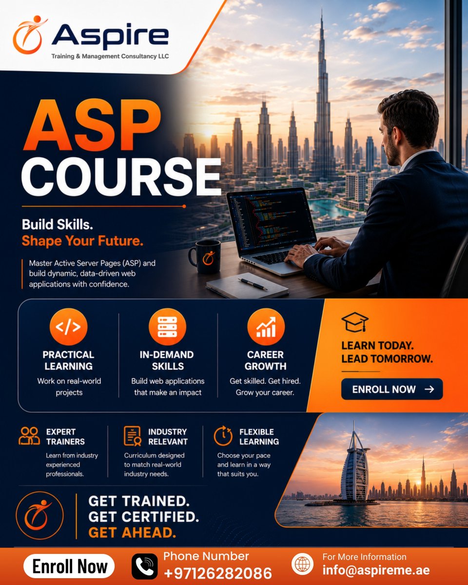 AspireTMC's tweet photo. 💻 Master Web Development with ASP!
Take the first step toward a successful IT career with Aspire Training &amp; Management Consultancy's ASP (Active Server Pages) Course. https://t.co/uKxkpygYkP