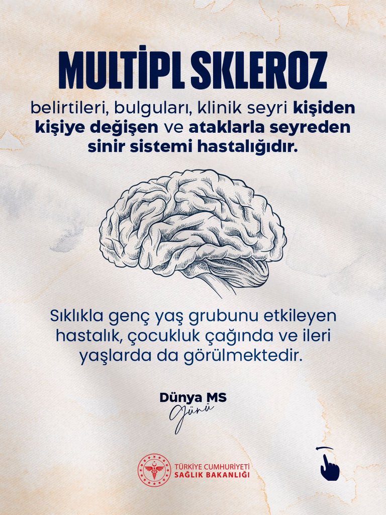 saglikbakanligi's tweet photo. Multipl skleroz; belirtileri, bulguları, klinik seyri kişiden kişiye değişen ve ataklarla seyreden sinir sistemi hastalığıdır.

Sıklıkla genç yaş grubunu etkileyen hastalık, çocukluk çağında ve ileri yaşlarda da görülmektedir.

#DünyaMSGünü https://t.co/rqBjB8zkJx