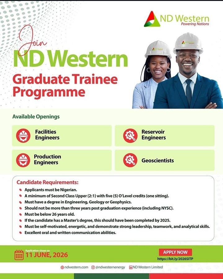tohire_ng's tweet photo. LIST OF HOT 🔥 ENTRY-LEVEL GRADUATE TRAINEE PROGRAMMES POSTED TO OUR PLATFORMS THIS WEEK 

1.) ND Western 2026 SITP Graduate Trainee Programme

Apply 👇 
https://t.co/VBwESeDBxy

2.) 2026 Ardova Plc (AP) Graduate Trainee Programme

Apply 👇 
https://t.co/lpxNjj0zKp

3.) International Breweries Plc Graduate Management Trainee - Nigeria

Apply 👇
https://t.co/25SgqmCsZI

Application Deadline: June 30, 2026

4.) Access Bank PLC 2026 Entry Level Training Program (ELTP)

Apply 👇 
https://t.co/TXwW6zqK1Q

Good Luck 🎊