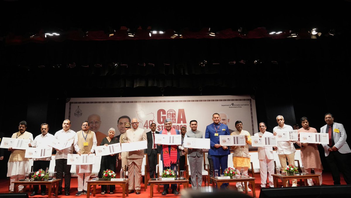VPIndia's tweet photo. Vice President Shri C. P. Radhakrishnan released the commemorative stamp of legendary cartoonist Shri Mario Miranda during the 40th Goa Statehood Day Celebrations in Panaji today. https://t.co/C6tXwuw2rO