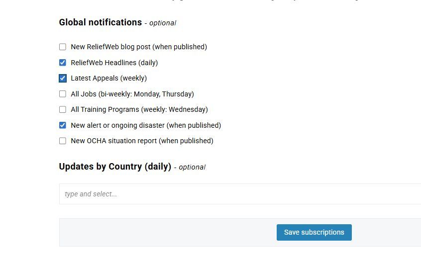 reliefweb's tweet photo. To subscribe to ReliefWeb updates, log in using your email then navigate to My Account > Manage your subscriptions, select the notifications you want to receive (such as Headlines, disasters, Job, training), and click Save Subscriptions https://t.co/x0Yn8yt1Jv
