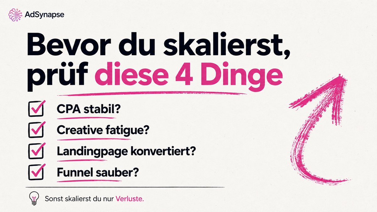 AdSynapse_EU's tweet photo. Bevor du skalierst – prüf diese 4 Dinge. CPA stabil? Creative fatigue? Landingpage konvertiert? Funnel sauber? Sonst skalierst du nur deine Verluste. adsynapse zeigt dir, wo's klemmt. #MetaAds #Performance https://t.co/0yc6ST5Ok1